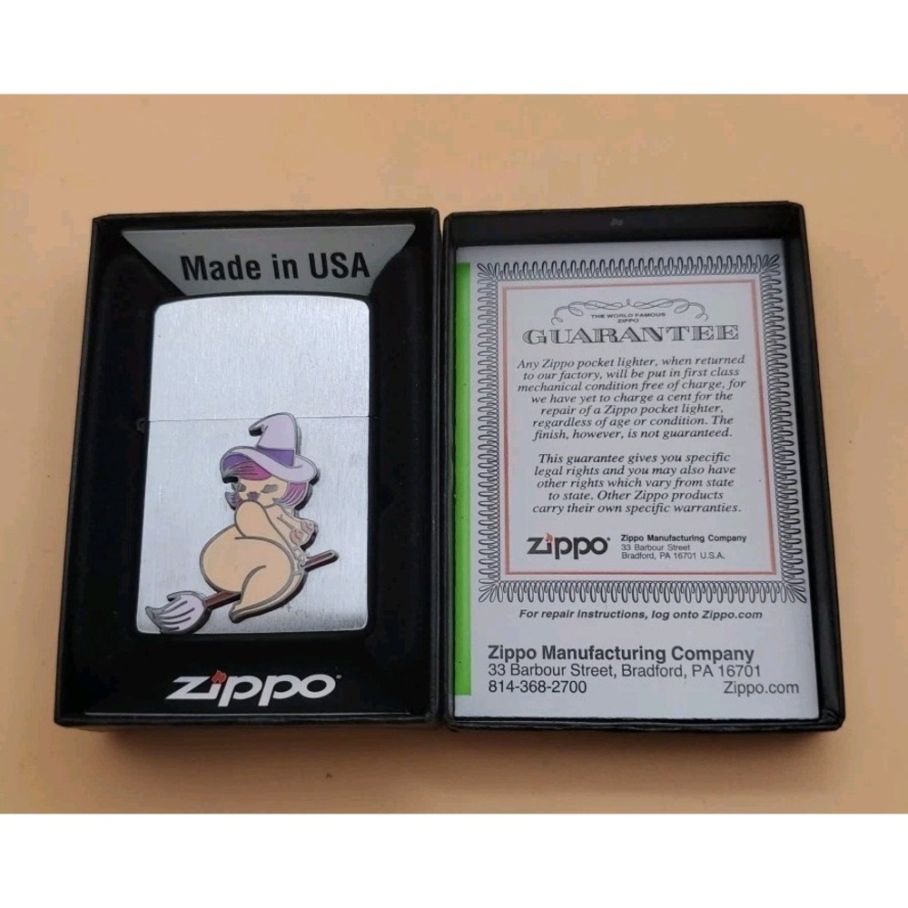 Zippo Lighter A Naked Witch On A Broom Medallion Silver And Black, New, USA